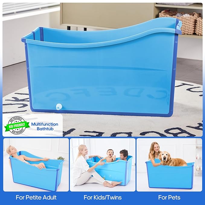 Collapsible Baby Bathtub Foldable Bathtub for Toddler Portable Large Foldable Bath Tub Bathtub for Kids Petite with Thermometer and Storage Basket (Blue)