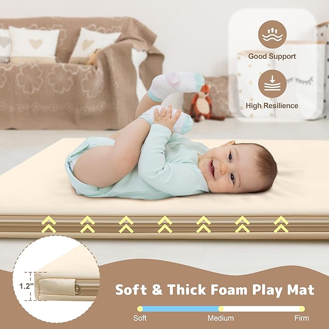 Baby Play Mat 47x47 Inches, Extra Thick 1.2" Foam Floor Mat for Tummy Time & Crawling, Waterproof Non-Slip Faux Leather Playpen Mat for Infants Toddlers, Indoor Outdoor Gym Activity, Beige