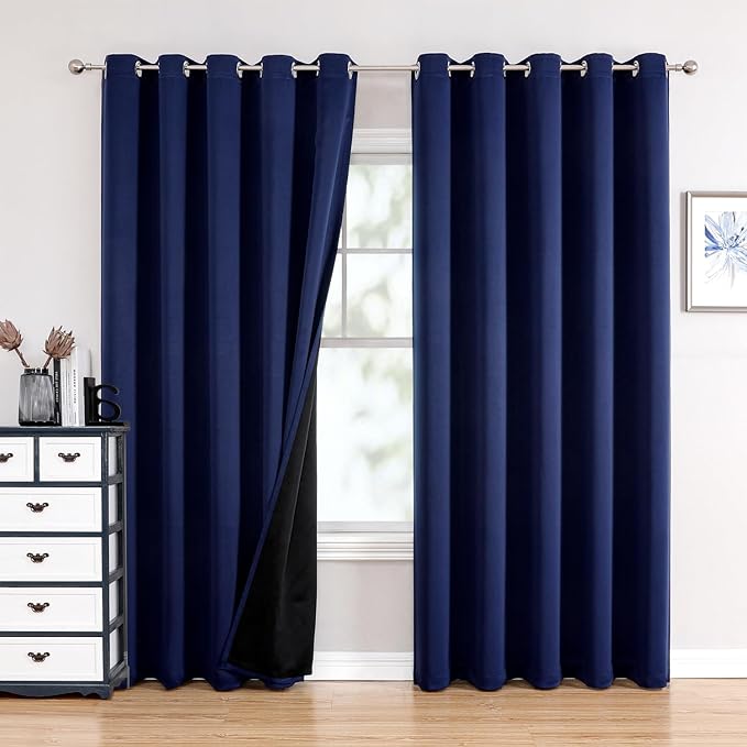 ChrisDowa 100% Blackout Curtains 84 inch Long for Bedroom with Black Liner, Extra Wide 2 Thick Layers Total Blackout Thermal Insulated Grommet Window Curtains 2 Panels Set (Navy Blue, 60 x 84 Inch)