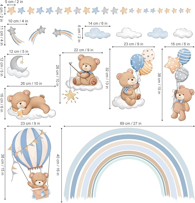 decalmile Rainbow Animal Wall Decals Hot Air Balloon Animals Bear Clouds Wall Stickers Baby Nursery Kids Bedroom Living Room Wall Decor