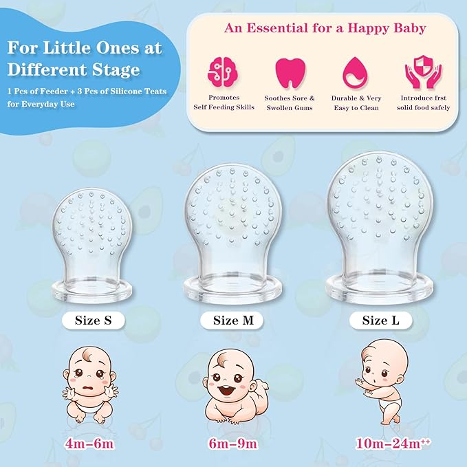 Baby Fruit Feeder, Frozen Teething Toys, Infants Teether Pacifier with 3 Extra Teats, Toddler Eating Essentials, BPA Free Feeding Supplies (Steel Blue)