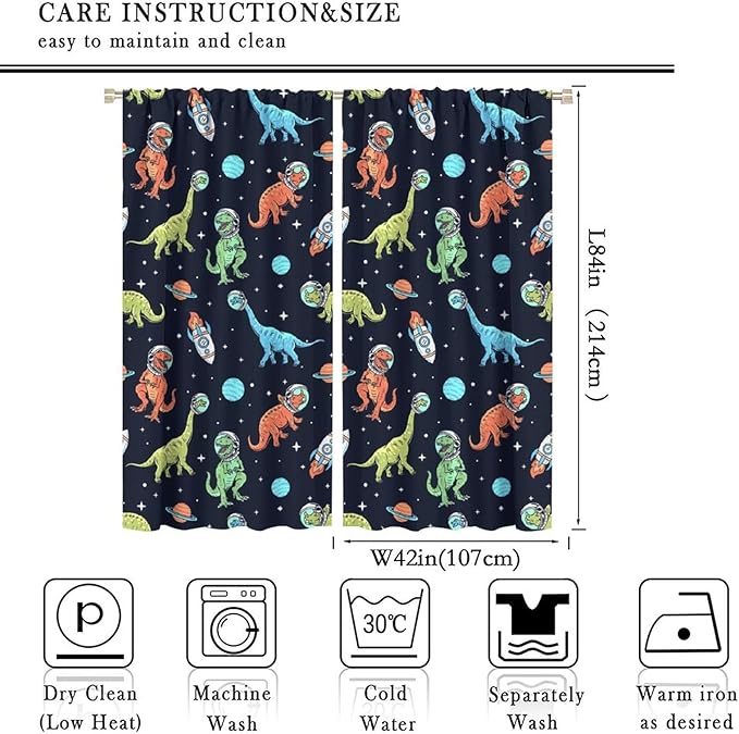 Cartoon Dinosaur Curtains for Kids Boys Girls Home Decor, Astronaut Rocket Funny Outer Space Blackout Rod Pocket Window Drapes for Bedroom Living Room W42xL84in 2 Panels