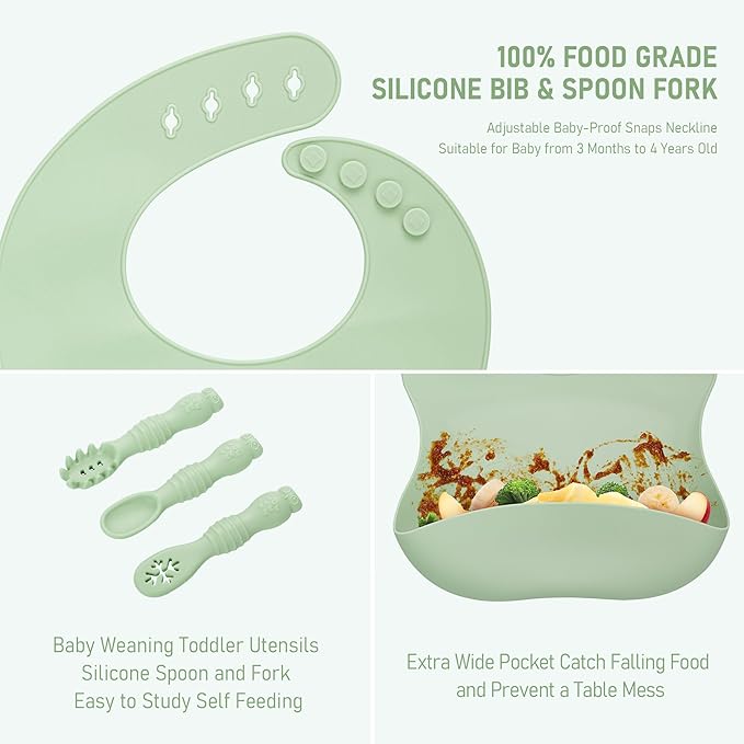Baby Weaning Set, Silicone Feeding Set(10 Pcs), Toddler Set with Adjustable Bib, Suction Bowl, Plate, Fork, Spoon, Water & Snack Cup Kit, Led Kit for Babies, and Kids Green GJTZ-04