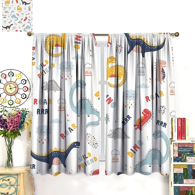 Cartoon Dinosaur Curtains for Kids Boys Girls Home Decor Colorful Cute Dino Animals Print Pattern Rod Pocket Blackout Window Drapes for Nursery Baby Bedroom Playroom W21xL45in Decor
