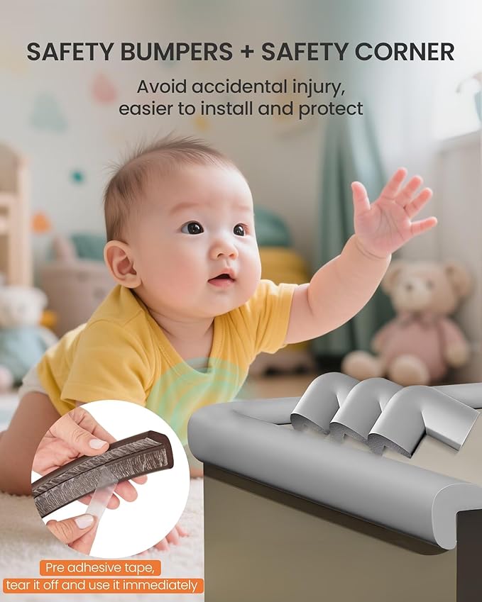 Baby Proof Edge Corner Protector, 16.4FT 0.47''Th L-Shape Furniture Corner & Edge Safety Bumpers with 10 Corners, Pre-Taped, Soft NBR Rubber Foam Desk Edge Cushion Wall Corner Protector (Grey)