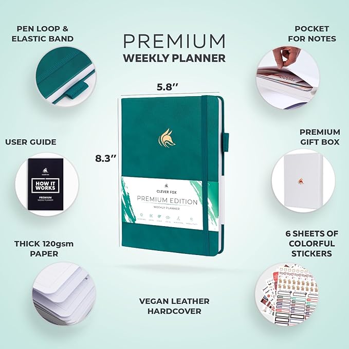 Clever Fox Planner Premium Edition – Undated Luxurious Weekly & Monthly Planner to Increase Productivity and Hit Your Goals – Organizer – Start Anytime, A5, Lasts 1 Year, Dark Teal (Weekly)