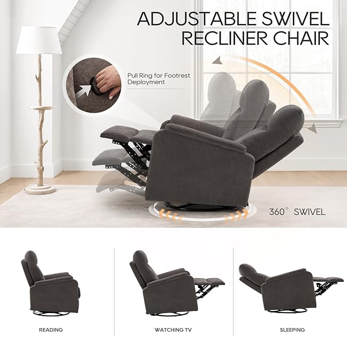 COLAMY Swivel Recliner Chair with Footrest, Strong Glide Chair High Back with Double-Layer Cushion, Rocker Recliner for Nursery & Living Room, Bedroom, Charcoal