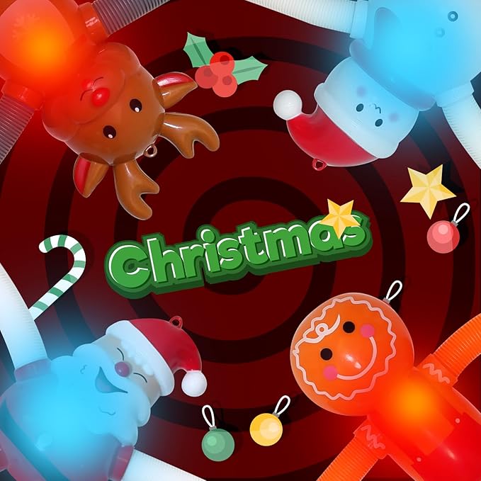 Christmas LED Pop Tubes Light Up 4 Pcs Sensory Fidget Toys, Telescopic Suction Cup Santa Toys Autism Christmas Party Favors Game Prizes Goody Bags Stocking Stuffers Treats for Kids 3+ (Christmas)