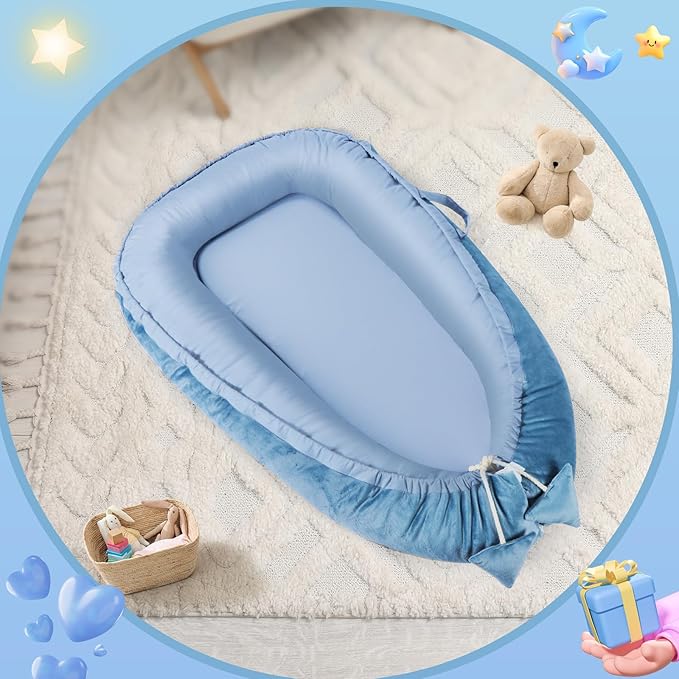 Baby Lounger - Baby Lounger for Newborn 0-24 Months, Breathable & Soft Cotton and Velvet Cover Baby Nest, Portable Tummy Time Lounger for Home and Travel, Ideal Baby Essentials & Shower Gifts