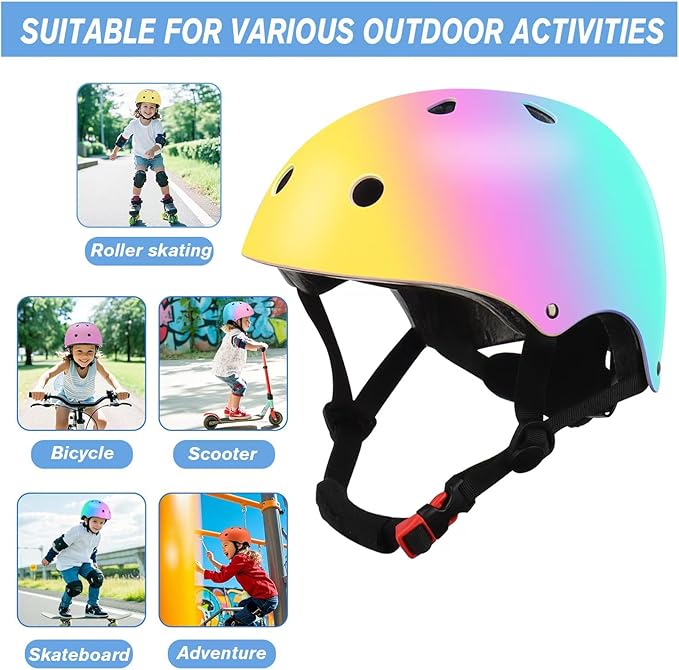 Color Gradient Adjustable Kids' Helmet with Knee & Elbow Pads Set | Multi-Sport Safety Gear for Boys & Girls Ages 5-14 | Skateboarding, Scooters, Roller & Inline Skating, Longboarding