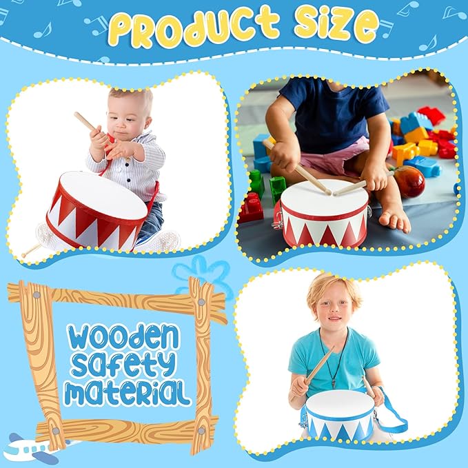 Boao 4 Pcs Kids Drum Set, 8 Inch Toddler Drum Wooden Toy with Adjustable Strap and 4 Drumsticks, Educational Sensory Musical Instrument for Toddlers Kid Baby Boys Girls Gift (Flag)