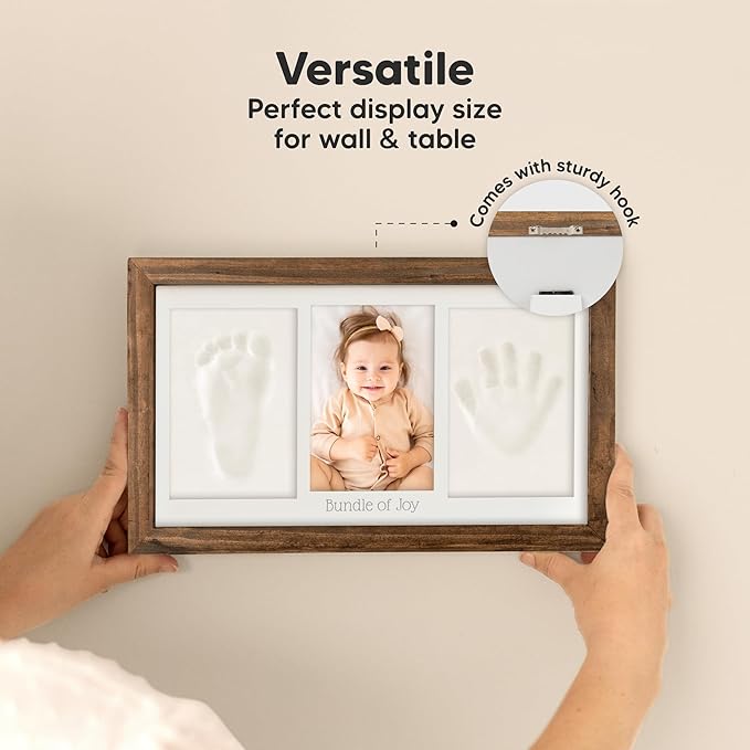Baby Hand and Footprint Kit - Clay Handprint Keepsake Frame, Newborn Nursery Picture Frame, Personalized New Mom Gifts for Baby Shower & Registry (Medium Oak)