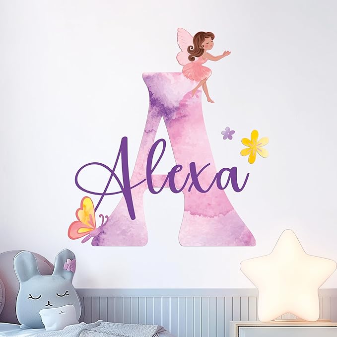 CRYPTONITE Custom Stickers Name & Initial for Fairy Decor I Fairy Pink Room Decor for Girl Bedroom Decor I Personalized Fairy Wall Decals for Little Girl Room Decor I Multiple Size Options (D. Fairy)