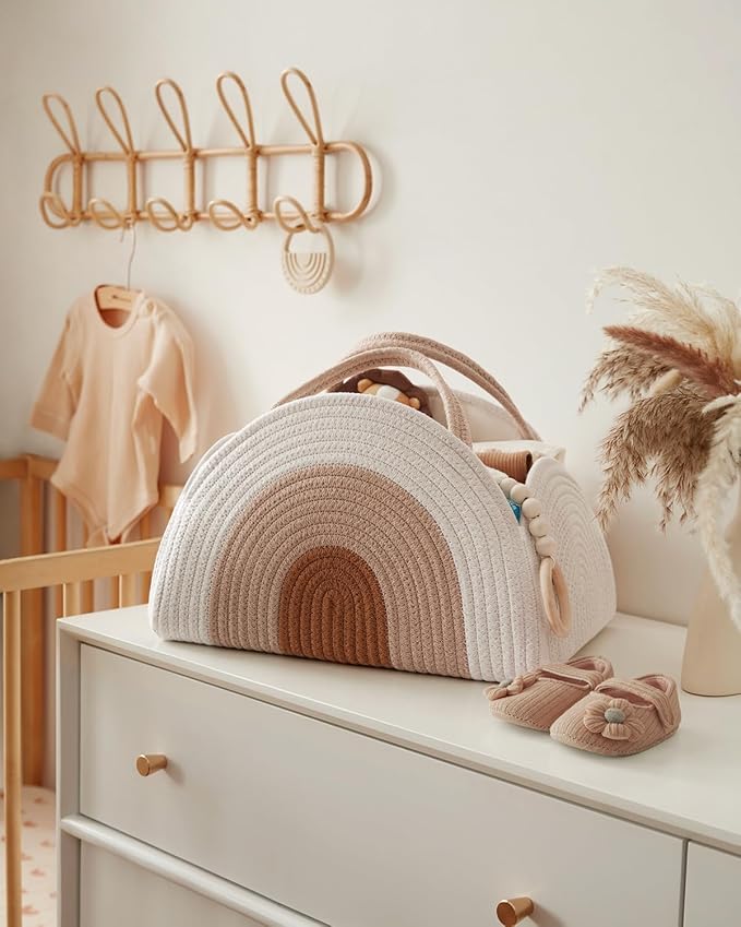 Blissful Diary Baby Diaper Caddy Organizer, Cotton Rope Diaper Caddy Basket, Large Storage Basket for Newborn Boys and Girls, Gift for Baby Shower List, Newborn Essentials, Earthy Rainbow