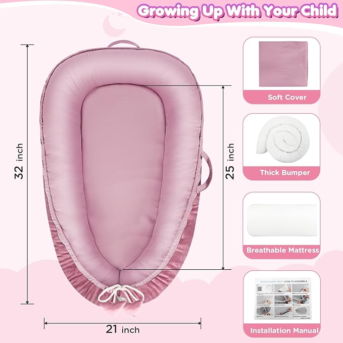 Baby Lounger - Baby Lounger for Newborn 0-24 Months, Breathable & Soft Cotton and Velvet Cover Baby Nest, Portable Tummy Time Lounger for Home and Travel, Ideal Baby Essentials & Shower Gifts