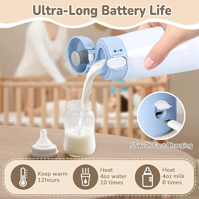BEBOAN Portable Bottle Warmer for Travel On The Go, Portable Milk Warmer 5-Temp Setting with Lock 12oz Large Capacity, Cordless for Heating Breast Milk Charging with 55w Charger to Get Fast Charging