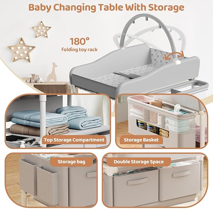 Baby Changing Table, Versatile Folding Changing Table with 2 Drawers, Portable Baby Diaper Changing Station with Toy Holder, Adjustable Height Mobile Nursery Diaper for Infant and Newborn