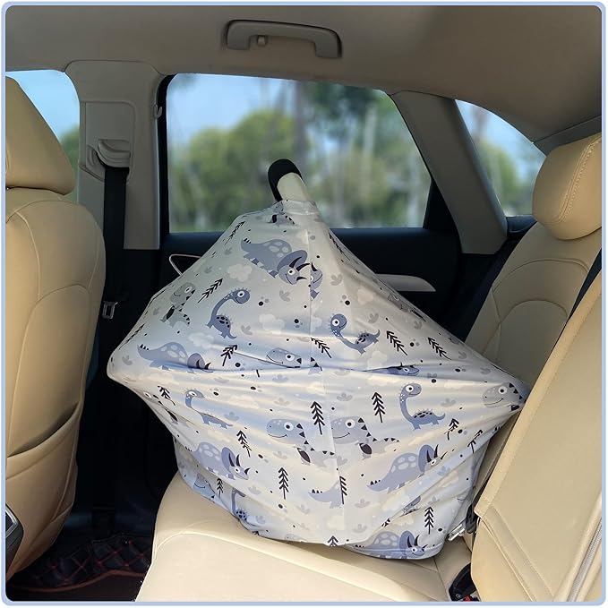 Car Seat Covers for Babies - Multi- use Nursing Carseat Canopy, Breastfeeding Covers, Baby Shower Gifts for Boys and Girls (Grey Dinosaur)