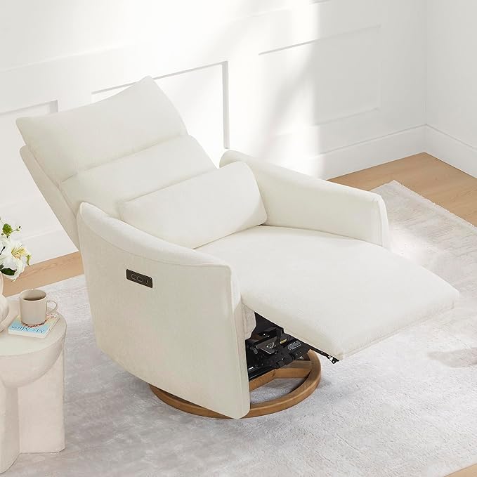 CHITA Swivel Rocker Recliner Chair, Power Nursery Glider Recliner, Nursery Rocking Chair with Adjustable Power Headrest, FSC Certified, Solid Wood Base, Cream