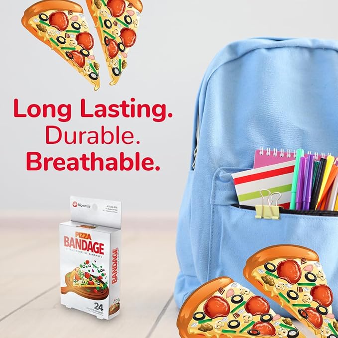 BioSwiss Bandages, Pizza Shaped Self Adhesive Bandage, Latex Free Sterile Wound Care, Fun First Aid Kit Supplies for Kids, 24 Count