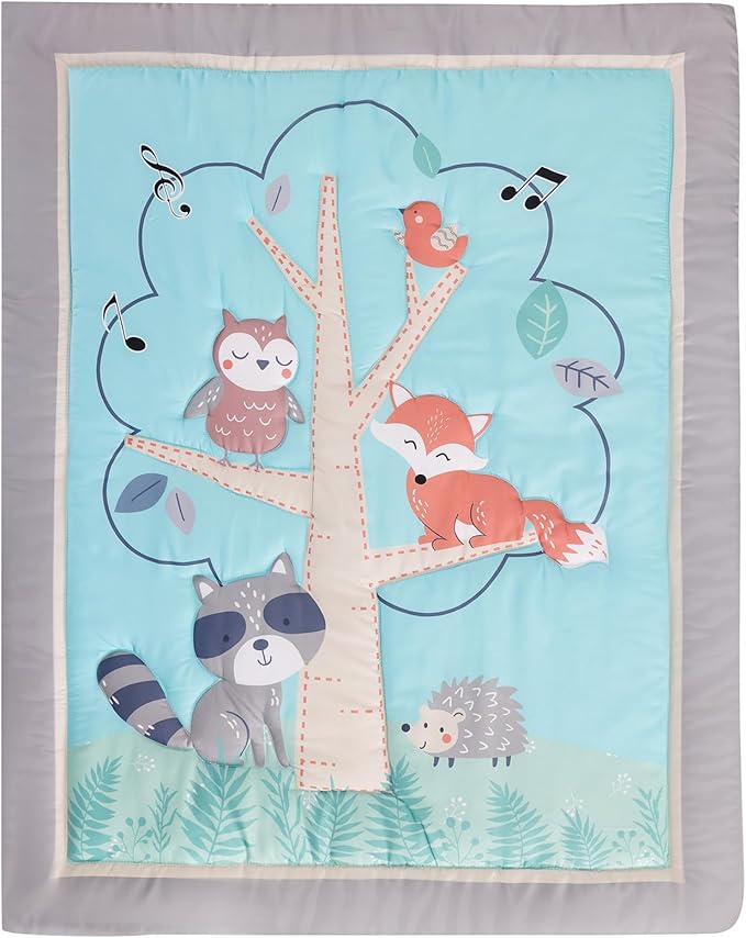 Blue Woodland Nursery Crib Bedding Set for Boys 3 Pieces Fox Owl Raccoon Baby Boy Cot Bedding Set