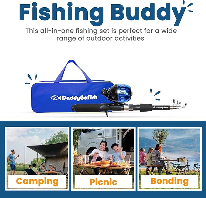 DaddyGoFish Kids Fishing Pole - Rod Reel Combo Tackle Box Starter Set - First Year Small Dock Gear Kit for Boys Girls Toddler Youth Age Beginner Little Children Junior Anglers Older Kids