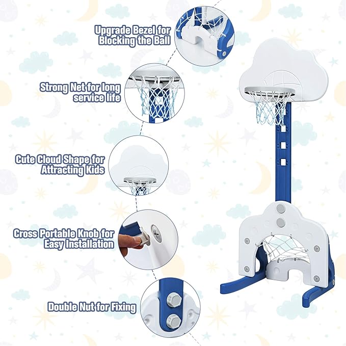 Costzon Kids Basketball Hoop, Toddler Sports Activity Center w/ 5 Adjustable Height Levels, Basketball Soccer Golf Game Set, Indoor Outdoor Basketball Hoop Set Gift for Baby Infant