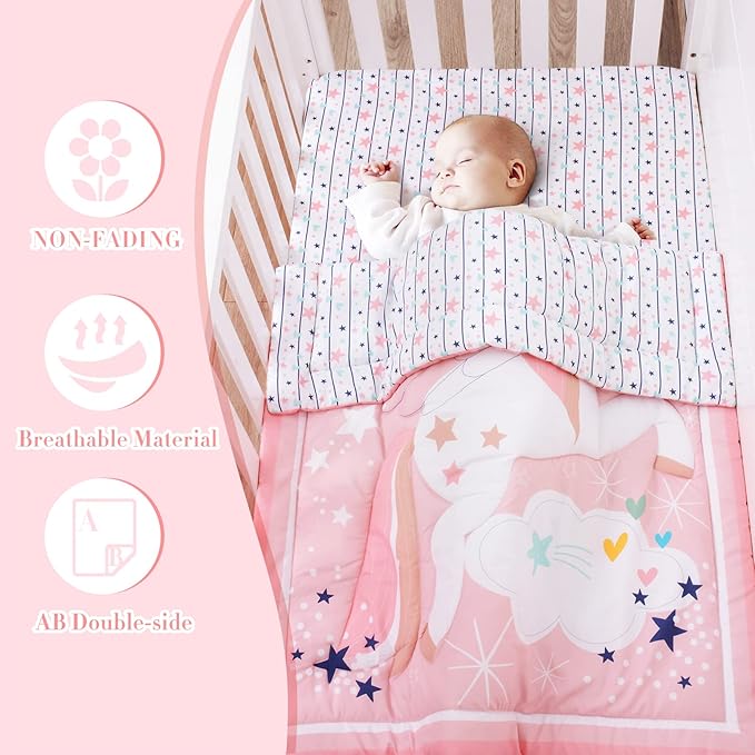 Cloele Pink Crib Bedding Set for Girls- 4 Piece Unicorns Baby Comforter Bed Set Includes Crib Skirt Quilt Fitted Sheet Toddler Pillowcase - Pink Soft Nursery Baby Bedding Set for Girls
