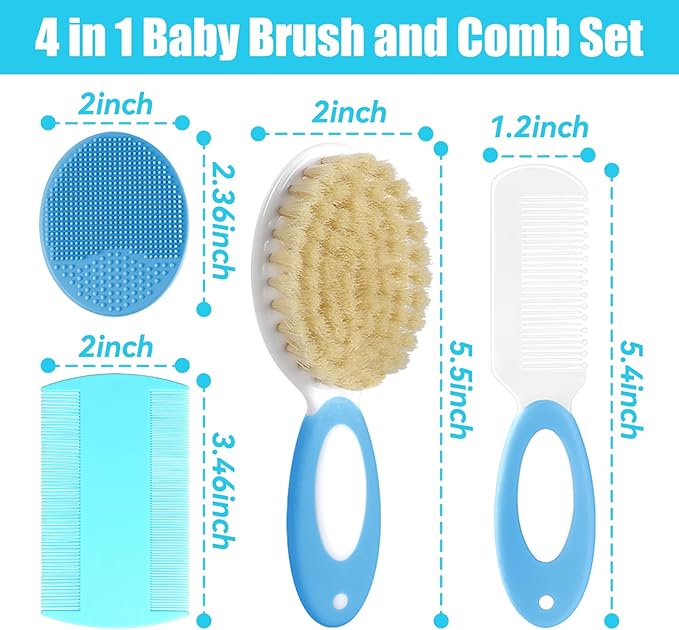 Baby Hair Brush and Comb Set, 4Pcs Baby Soft Bristles Hairbrush Cradle Cap Brush Hair Comb for Newborns Toddlers Boys Girls (Blue)