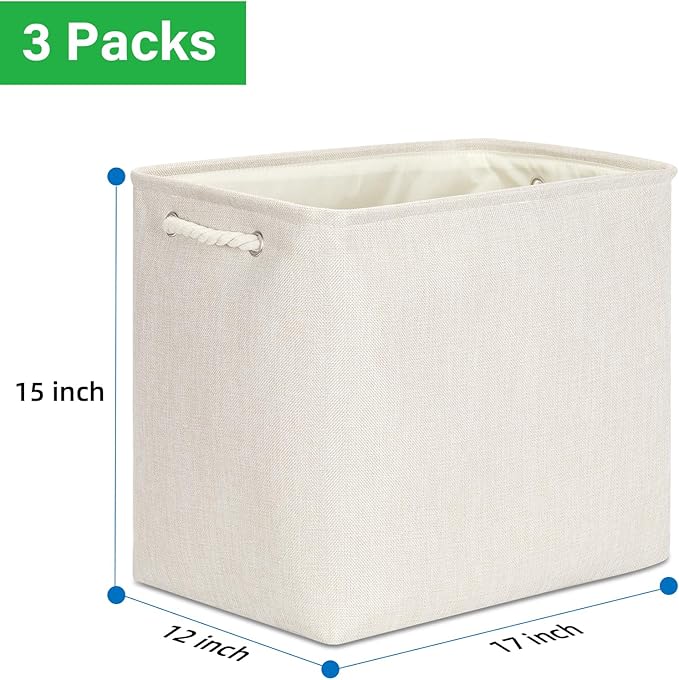 Bidtakay Extra Large Storage Baskets for Organizing Clothes Storage Bins 3 Pack Fabric Storage Bins for Shelves Linen Collapsible Organizer for Closet-Light Biege