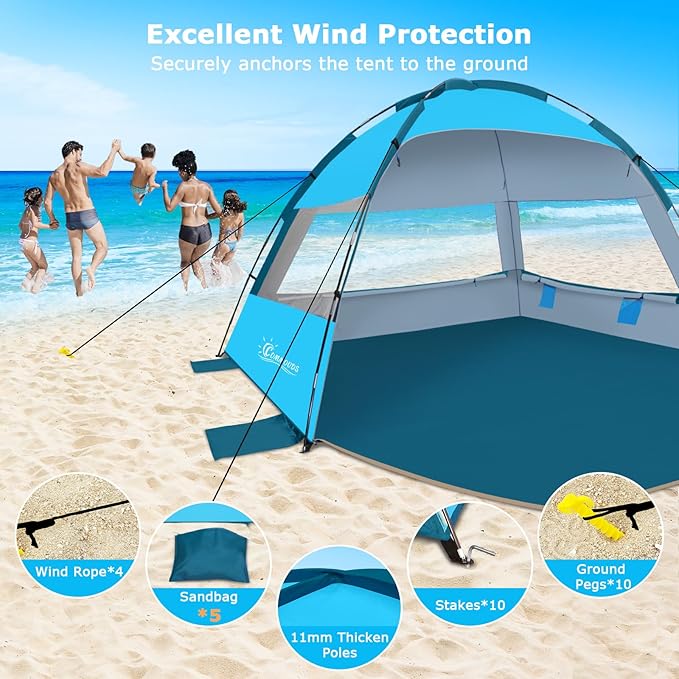 COMMOUDS Beach Tent Sun Shade for 3/4-5/6-7/8-10 Person, UPF 50+ Beach Sun Shelter Canopy Tent, Lightweight, Easy Set Up and Carry