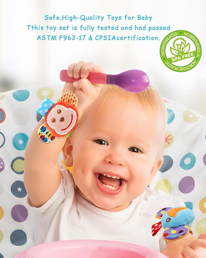 BLOOBLOOMAX Baby Soft Hanging and Wrist Rattle Toy, Car Seat Stroller Toys with Plush Animal C-Clip Ring for Infant Babies Boys and Girls 3 to 12 Months (12PCS-G)