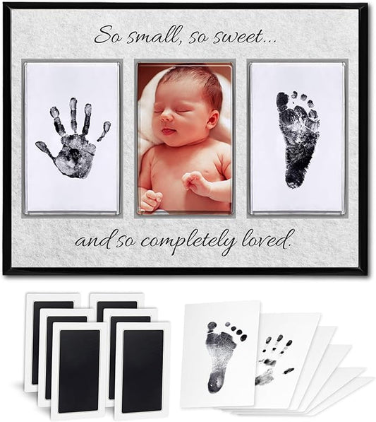 Baby Hand and Footprint Kit with Photo & Birth Details, Inkless Hand and Footprint Kit, Newborn Keepsake Plaque, Baby Shower Gifts (STYLE 2 (Baby Shower) (So Small, So Sweet))