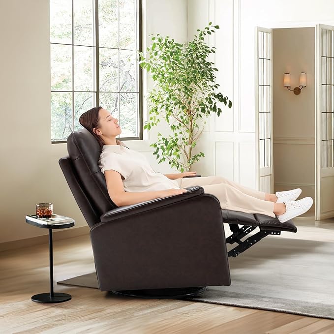 COLAMY Leather Swivel Recliner Chair with Footrest, Rocker Recliner Chair High Back with Double-Layer Cushion, Glider Recliner for Nursery & Living Room, Bedroom, Chocolate