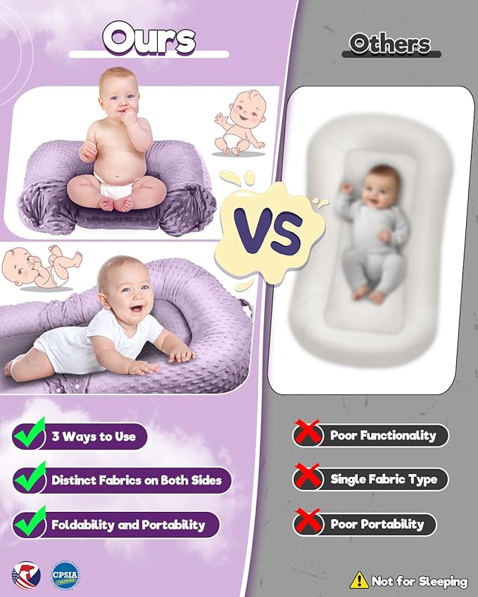 Baby Lounger Pillow 3-in-1 Infant Lounger Pillow for Newborn 0-24 Months, Portable Tummy Time Mat for Home and Travel, Breathable & Soft Baby Seat for Baby