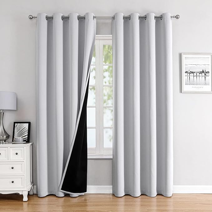 ChrisDowa 100% Blackout Curtains 90 inch Long for Bedroom with Black Liner, 2 Thick Layers Total Blackout Thermal Insulated Grommet Long Window Curtains 2 Panels Set (Greyish White, 52 x 90 Inch)