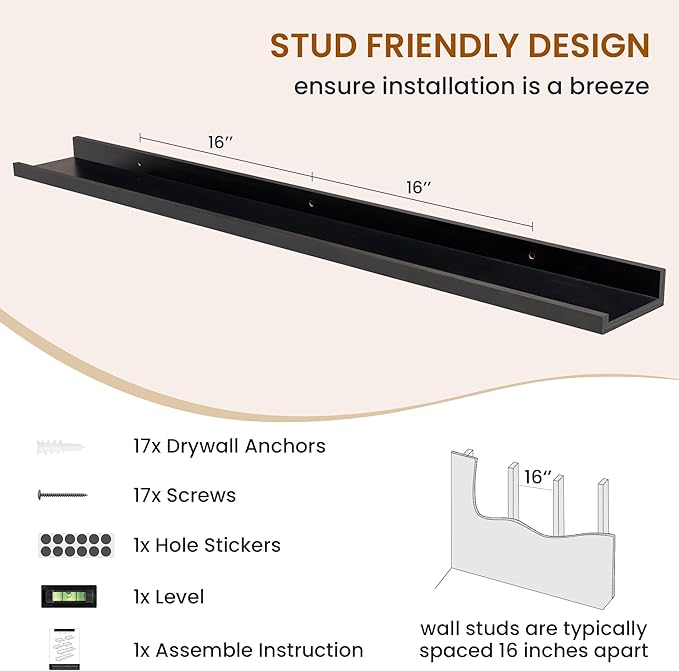 Axeman Picture Ledge Shelf, Floating Shelves for Wall Decor Storage Set of 6, 48 inch Floating Wall Mounted Shelves, Wall Shelves with Lip for Living Room, Bedroom, Nursery, Bathroom, Kitchen, Black