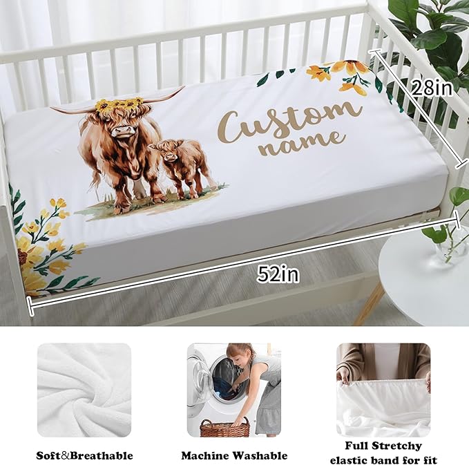 Custom Nursery Crib Bedding Set: Personalized Name 4 Piece Yellow Highland Cattle Design Baby Crib Sets for Girls - Toddler Double Layer Blanket Set, Comfortable Crib Bed Sheets for Baby Toddlers