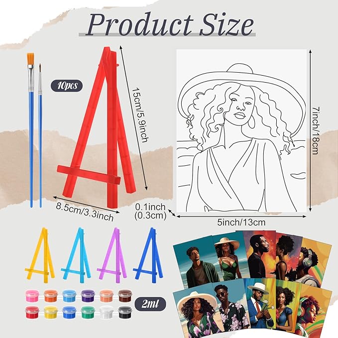 Blosssound 10 Set Pre Printed Canvas Pre Drawn Canvas Painting with Easel Kits 5" x 7" Outline Painting Panels for Beginners, DIY Craft Project, Party Favor, Home Decors(Black Couple)