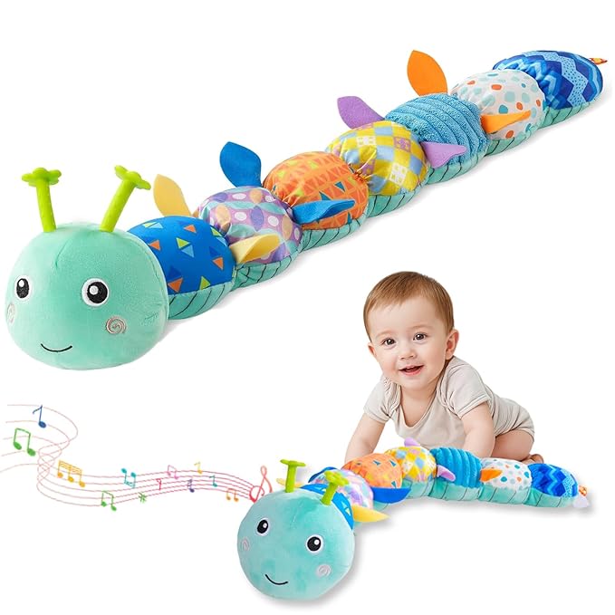 Baby Sensory Toys 0-12 Months, Plush Toys with Music and Rattle, Suitable for Newborn Baby Tummy time, can be Used as a Newborn Birthday, Holiday, Baptism Gift (Blue Caterpillar)
