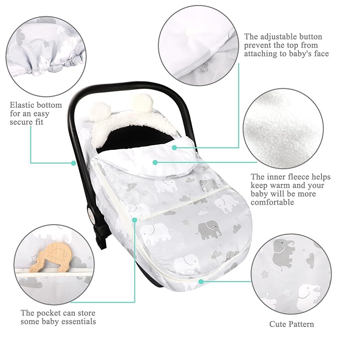 Carseat Cover Boys, Winter Cozy & Warm Cover, Elephant Baby Car Seat Cover, Infant Car Seat Canopy, Ultra-Soft Breathable Protect Baby from Cold Wind, Zipped Removable Design
