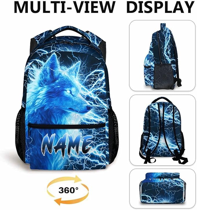 Custom Wolf Backpack for Boys Kids - 17 Inch Personalized Lightning Backpack for School Kindergarten Elementary Primary Senior Middle - Durable Cool Schoolbag with Name