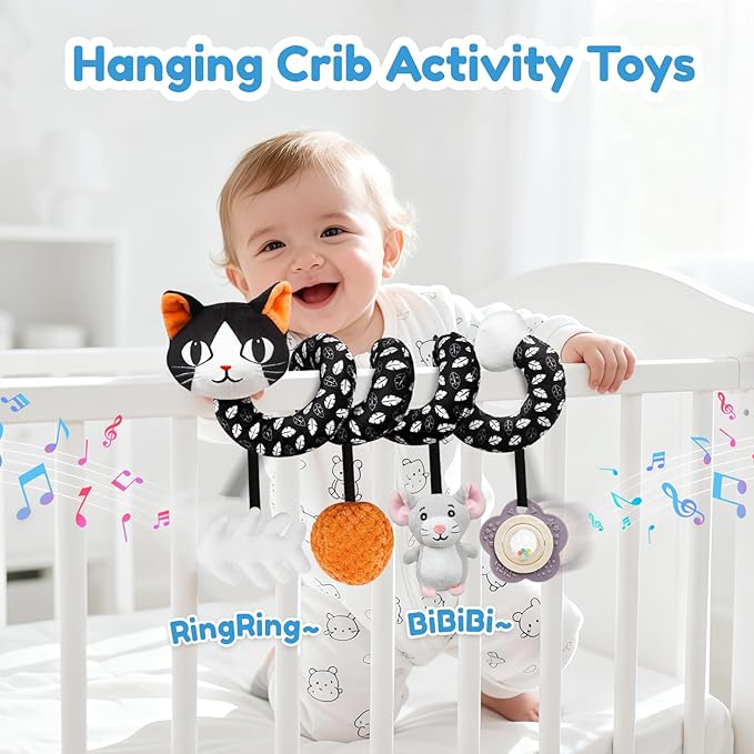 Car Seat Toys for Babies 0-6 Months,Hanging Rattle Toys for Crib Mobile, Baby Spiral Hanging Stroller Black and White High Contrast Toys for Newborn 0 3 6 9 12 Months Baby Boys Girls (Cat)