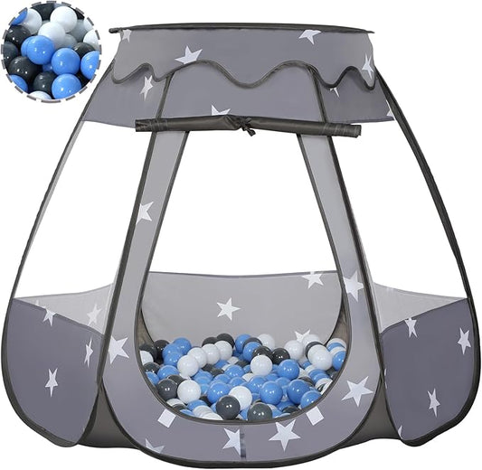 Baby Ball Pit for Toddler with 50 Balls, Kids Pop Up Play Tent for Girls, Princess Toys Gifts for Children Indoor & Outdoor Playhouse (Black: Gray/White/Babyblue, 109x90cm/50 Balls)