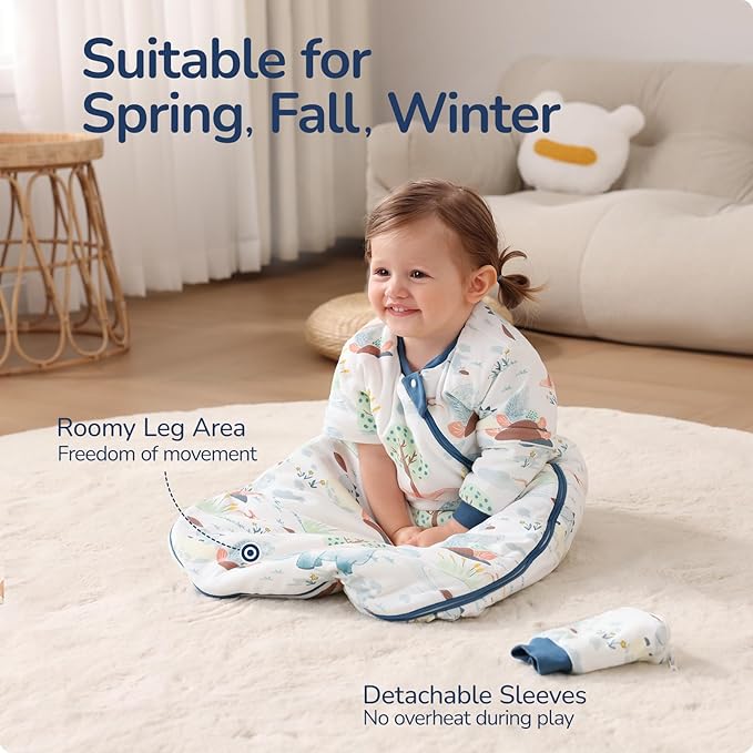 Baby Sleep Sack 3-6 Months, Cotton Detachable Long Sleeve Sleep Sack, 1.0 Tog Toddler Sleeping Sack with Temperature Strips, 2-Way Zipper Wearable Blankets for Newborns, Dinosaur