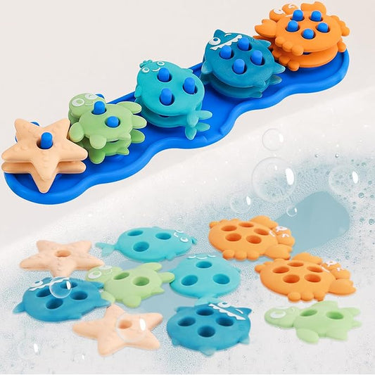 Baby Bath Toys, Mold Free Silcone Shape Sorting & Stacking Bath Toy Set with 10 Cute Floating Pieces, Color & Shape Sorter Toys for Toddler Early Learning Bathtub Fun