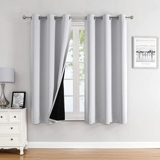 ChrisDowa 100% Blackout Curtains for Bedroom with Black Liner, 2 Thick Layers Total Blackout Thermal Insulated Grommet Small Window Curtains 2 Panels Set (Greyish White, 42 x 45 Inch)