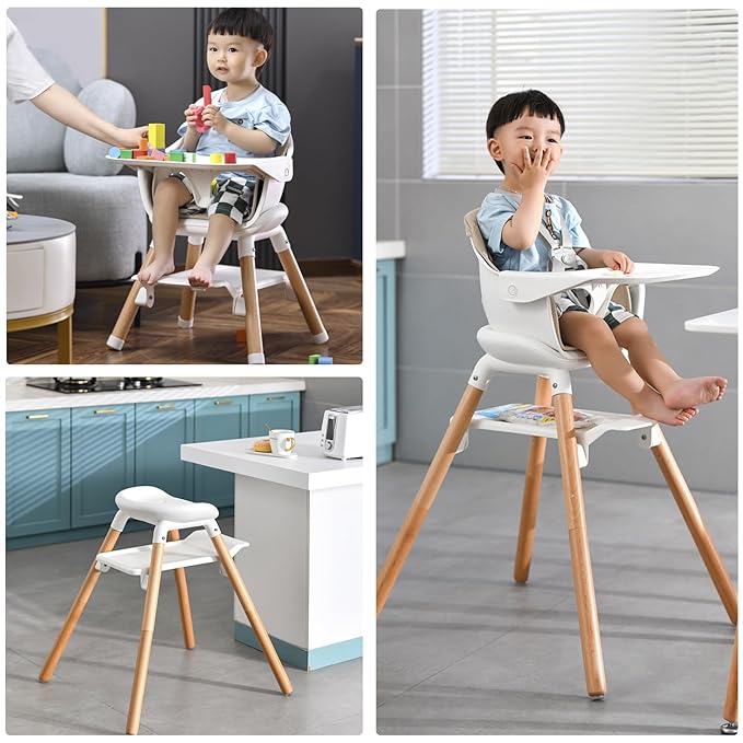 Baby High Chair, 6 in 1 Wooden Convertible High Chairs for Babies and Toddlers, Booster Seat with Double Tray & Reversible Footrest Baby Highchair, 5-Point Harness Baby Feeding Chair, Beige