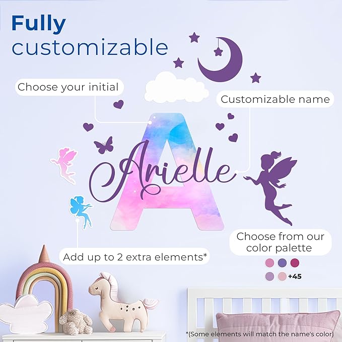 Custom Stickers Name Wall Decor I Personalized Name Sign for Room Decor | Multiple Custom Name & Initial I Decal for Baby Girl Nursery Decor I Nursery Wall Decal for Baby (A. Pink and Blue Sky)