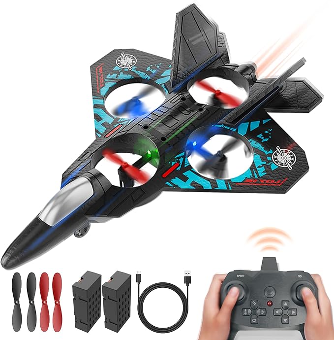 BEZGAR Drones for Kids | 2.4GHZ RC Plane, Remote Control Airplane, RC Helicopter, 360° Flip Fighter Jet Toy with Colorful LED Navigation Light Blue
